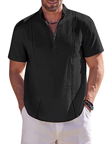 Karlywindow Herren Kurzarm Hemd Sommer Freizeithemd Kuba Hawaiihemd mit Stehkragen V Neck Herren Top Schwarz M von Karlywindow