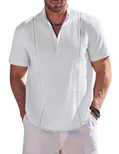 Karlywindow Herren Kurzarm Hemd Sommer Freizeithemd Kuba Hawaiihemd mit Stehkragen V Neck Herren Top Weiß L von Karlywindow