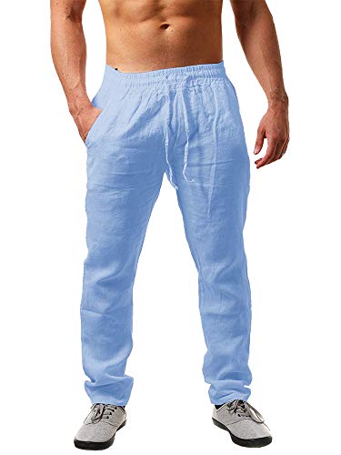 Karlywindow Herren-Leinenhose, leger, locker, leicht, Kordelzug, elastischer Bund, Sommer, Yoga, Strand, 01-blau, XX-Large von Karlywindow