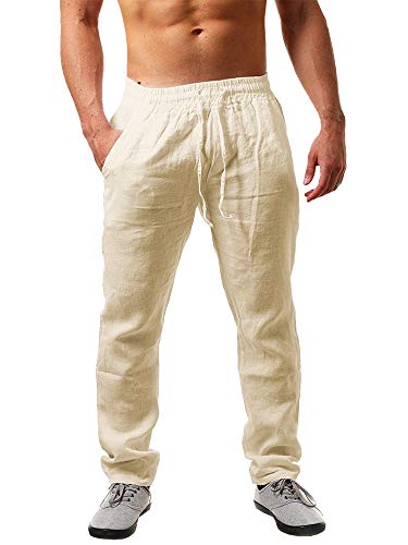 Karlywindow Herren-Leinenhose, leger, locker, leicht, mit Kordelzug, elastischer Taille, Sommer, Yoga, Strand - Beige - Mittel von Karlywindow