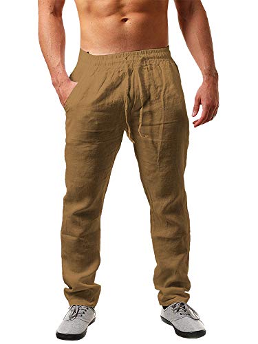 Karlywindow Herren-Leinenhose, leger, locker, leicht, mit Kordelzug, elastischer Taille, Sommer, Yoga, Strand - Beige - X-Groß von Karlywindow