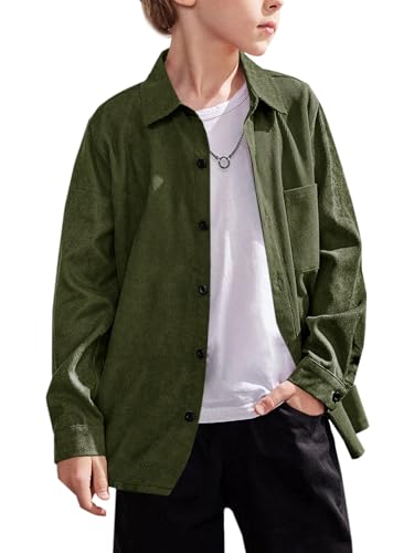 Karlywindow Jungen Kinder Cordhemd Langarm Button Down Hemden Vintage Herbst Winter Jacke Oberbekleidung, Olive Grün, 10-12 Jahre von Karlywindow