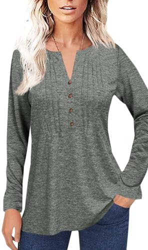 Karlywindow Langarmshirt Damen V-Ausschnitt Tuniken Einfarbig Pullover T-Shirts Elegante Oberteile mit Knöpfe, Grau, L von Karlywindow