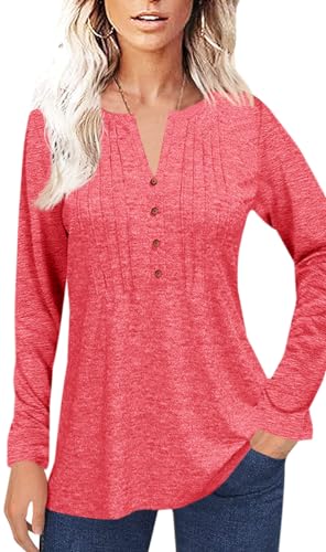 Karlywindow Langarmshirt Damen V-Ausschnitt Tuniken Einfarbig Pullover T-Shirts Elegante Oberteile mit Knöpfe, Rosa, L von Karlywindow