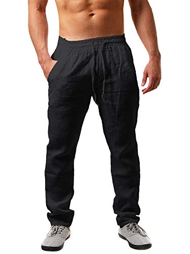 Karlywindow Legere, legere Leinenhose für Herren, lockere Passform, leicht, elastischer Taillenbund mit Kordelzug, für Yoga, Strand - Schwarz - XX-Large von Karlywindow