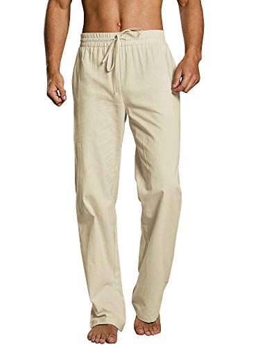 Karlywindow Legerer Herren-Leinenhose, lockere Passform, bequem, schnell trocknend, elastische Taille, leicht, lange Hose - Beige - Groß von Karlywindow