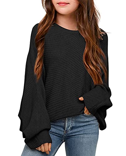 Karlywindow Mädchen Rundhalsausschnitt Leichter Strickpullover Kinder Einfarbig Langarm Pullover, Schwarz, 8-10 Jahre von Karlywindow