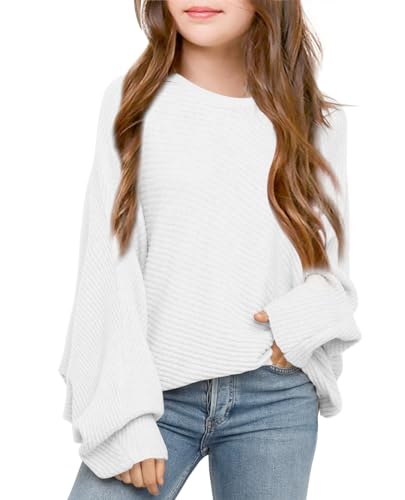 Karlywindow Mädchen Rundhalsausschnitt Leichter Strickpullover Kinder Einfarbig Langarm Pullover, Weiß, 8-10 Jahre von Karlywindow