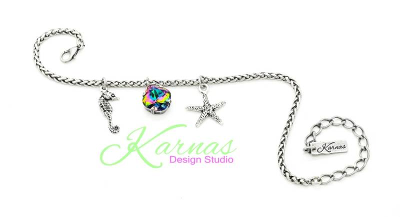 Beach Party 12 Mm Electra Kissenschliff Strand Fußkettchen K.d.s. Premium Kristall Antik Silber Karnas Design Studio von KarnasDesignStudio