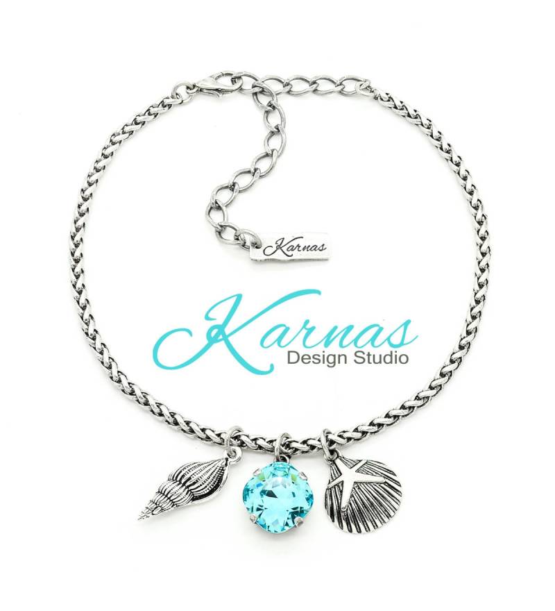 Ocean Wave 12 Mm Helltürkis Im Kissenschliff Fußkettchen K.d.s. Premium Kristall Antik Silber Karnas Design Studio von KarnasDesignStudio