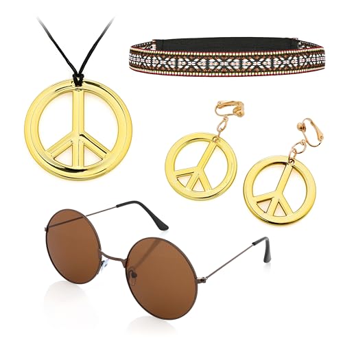KarneLux Hippie Accessoires 4er Pack - Kette, Ohrringe Brille und Strinband für das 70er Jahre Outfit - Ideal für Karneval, Fasching oder Motto Partys von KarneLux