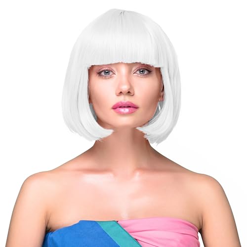 KarneLux Perücke Bob mit Pony - Kurzhaarperücke für Fasching, Karneval und Motto Partys - Damen Charleston Perücke im 20er Jahre Look (Weiß) von KarneLux