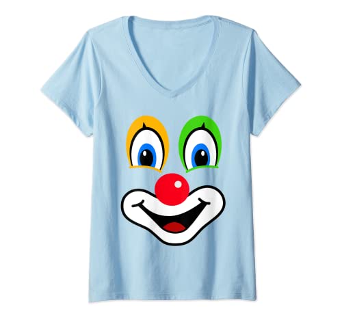 Damen Karneval Kostüm Fasching Kostüm Lachendes Clown Gesicht T-Shirt mit V-Ausschnitt von Karneval Fasching Clown Kostüm Gesicht