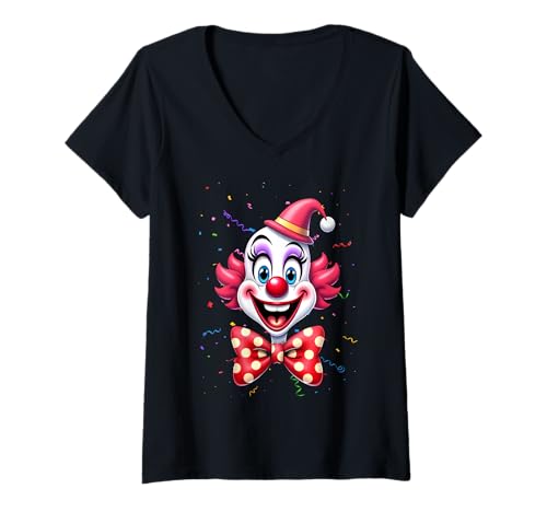 Damen Konfetti Clown Kostüm Fasching Party Karnevalsverkleidung T-Shirt mit V-Ausschnitt Damen Konfetti Clown Kostüm Fasching Party Karnevalsverkleidung T-Shirt mit V-Ausschnitt von Karneval Fasching Fastnach Kostüm Designs