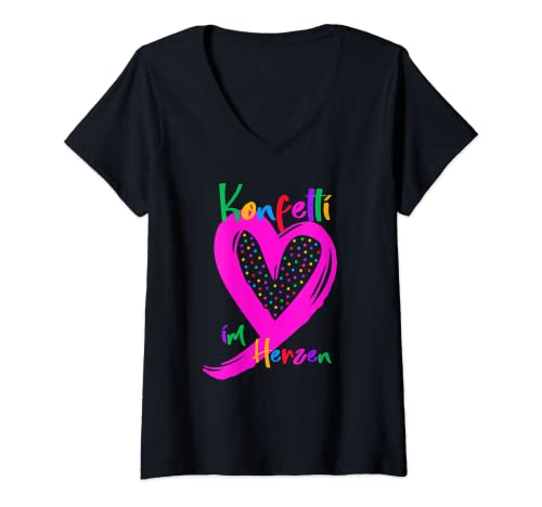 Damen Konfetti im Herzen Deko Herz pink Karneval Fasnacht Fasching T-Shirt mit V-Ausschnitt Damen Konfetti im Herzen Deko Herz pink Karneval Fasnacht Fasching T-Shirt mit V-Ausschnitt von Karneval Fasching Fastnacht Fasenacht Fasnacht