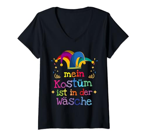 Damen Karneval Kostüm Mein Kostüm ist in der Wäsche T-Shirt mit V-Ausschnitt von Karneval Fasching Köln Gruppenkostüm 2024