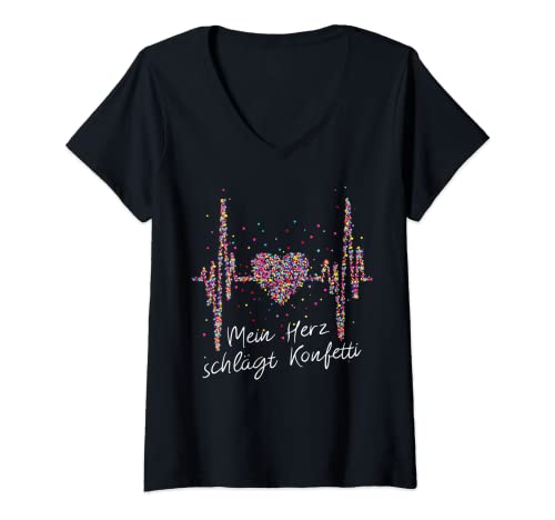 Damen Herzschlag Puls Kölner Dom Fasching Karneval Konfetti Herz T-Shirt mit V-Ausschnitt von Karneval Fasching Konfetti Geschenk