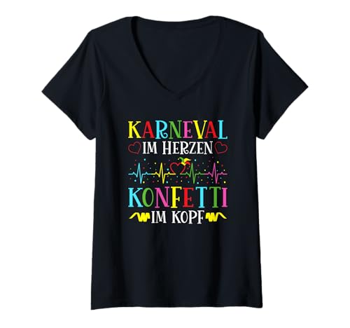 Damen Karneval im Herzen Herzschlag Konfetti Kostüm Fasching T-Shirt mit V-Ausschnitt von Karneval Fasching Konfetti Geschenk