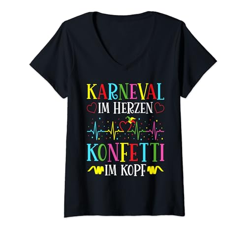 Damen Karneval im Herzen Herzschlag Konfetti Kostüm Fasching T-Shirt mit V-Ausschnitt Damen Karneval im Herzen Herzschlag Konfetti Kostüm Fasching T-Shirt mit V-Ausschnitt von Karneval Fasching Konfetti Geschenk