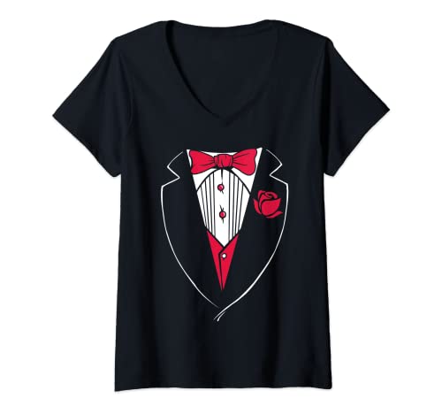 Damen Karneval & Fasching: Fake Anzug mit Fliege Smoking Tuxedo T-Shirt mit V-Ausschnitt von Karneval Fasching Kostüm Originale