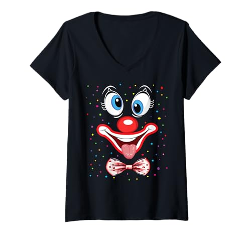 Damen Karnevalskostüm Fasching Kostüm Lustige Clown konfetti T-Shirt mit V-Ausschnitt Damen Karnevalskostüm Fasching Kostüm Lustige Clown konfetti T-Shirt mit V-Ausschnitt von Karneval Faschingskostüm Clown Kostüm Gesicht Köln
