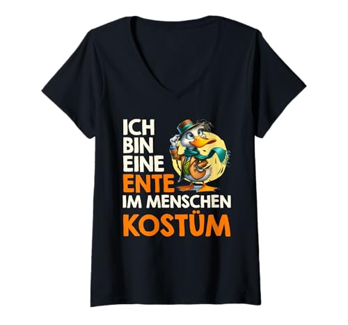 Damen Karneval Kostüm BIN EINE ENTE IM MENSCHEN KOSTÜM Lustiges T-Shirt mit V-Ausschnitt von Karneval Geschenk Enten Shirt Fasching Ente Kostüm