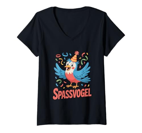 Damen Spassvogel Party Vogel Lustig Geburtstag Karneval T-Shirt mit V-Ausschnitt von Karneval Humor Party Lustiger Vogel Spass Laune