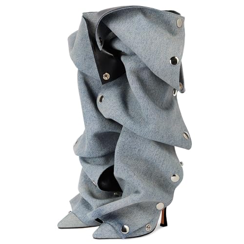 KaroNairy Braune Denim Cowboystiefel für Frauen Oberschenkel Knie Hohe Stiefel Stiletto Absatz Westernstiefel Abnehmbare Snap-off Panel Mid Calf Stiefel, Denim Blau, 38.5 EU KaroNairy Braune Denim Cowboystiefel für Frauen Oberschenkel Knie Hohe Stiefel Stiletto Absatz Westernstiefel Abnehmbare Snap-off Panel Mid Calf Stiefel, Denim Blau, 38.5 EU von KaroNairy