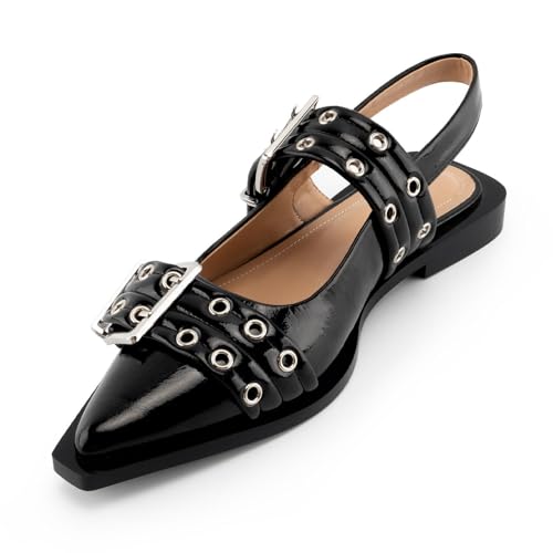 KaroNairy Breite Schnalle Ballerinas für Frauen Spitze Zehe Slingback Wohnungen Square Toe Dressy Flats Blockabsatz Pumps Ballerina Schuhe, Schwarz, 39 EU von KaroNairy