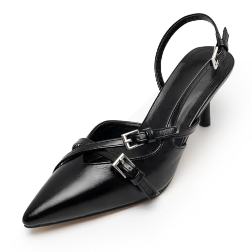 KaroNairy Kitten-Heels für Damen, spitzer Zehenbereich, Slingback-Absatz, geschlossener Zehenbereich, Hochzeitskleid, Pumps mit Schnallen, Schwarz, 41 EU KaroNairy Kitten-Heels für Damen, spitzer Zehenbereich, Slingback-Absatz, geschlossener Zehenbereich, Hochzeitskleid, Pumps mit Schnallen, Schwarz, 41 EU von KaroNairy