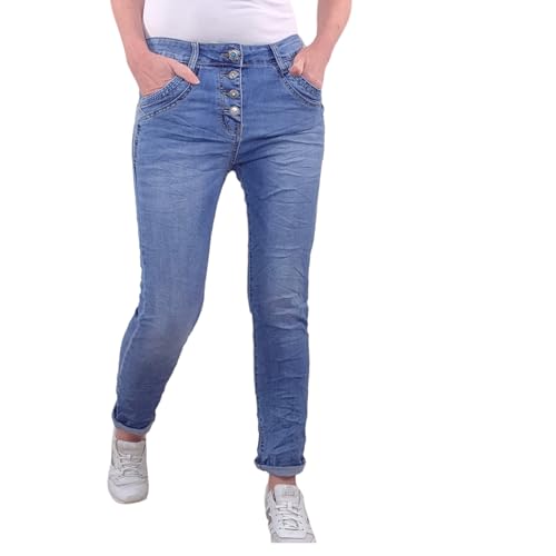 Karostar Damen Boyfriend Stretch Jeans mit offener Knopfleiste (Denim Special Pocket, XL) von Karostar