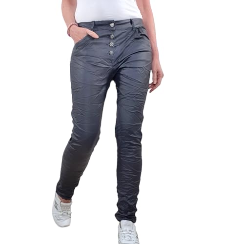 Karostar Damen Stretch Fake Leder Jeans Hose Boyfriend Cut Knöpfe Grau von Karostar