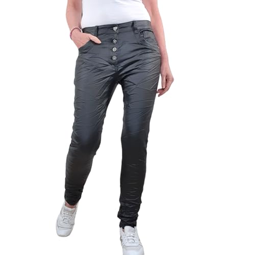 Karostar Damen Stretch Fake Leder Jeans Hose Boyfriend Cut Knöpfe Khaki Grün von Karostar