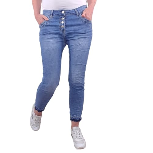 Karostar Damen Stretch Jeans| Boyfriend Hose mit Knopfleiste| Basic 5 Pocket Denim (Frayed Bottom, M) von Karostar