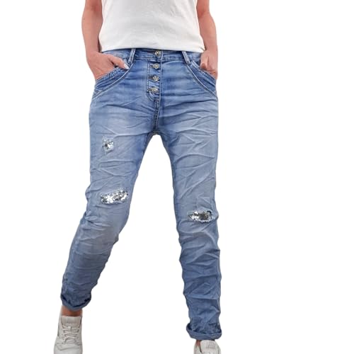 Karostar Damen Stretch Jeans| Boyfriend Hose mit Knopfleiste| Mid Rise 5 Pocket (Destroyed Pailletten, 3XL) von Karostar