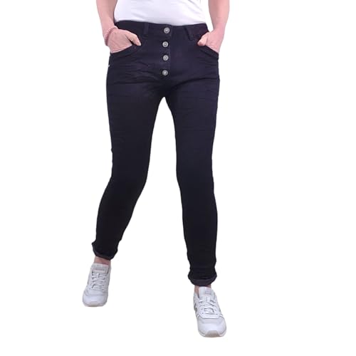 Karostar Damen Stretch Jeans| Boyfriend Hose mit Knopfleiste| Mid Rise 5 Pocket (Jogger-Denim Black2, L) von Karostar