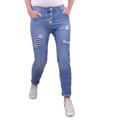 Karostar Damen Stretch Jeans| Boyfriend Hose mit Knopfleiste| Mid Rise 5 Pocket (as3, Alpha, l, Regular, Regular, Denim Flicken, L) von Karostar