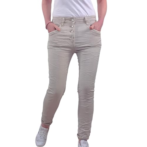 Karostar Damen Stretch Jeans| Boyfriend Hose mit dekorativen Schmuckknöpfen| Mid Rise 5 Pocket Denim Hose (DE/NL/SE/PL, Alphanumerisch, 3XL, Regular, Regular, Hell Beige) von Karostar