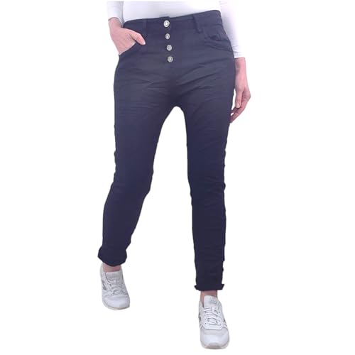 Karostar Damen Stretch Jeans| Boyfriend Hose mit dekorativen Schmuckknöpfen| Mid Rise 5 Pocket Denim Hose (DE/NL/SE/PL, Alphanumerisch, 4XL, Regular, Regular, Schwarz) von Karostar