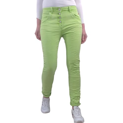 Karostar Damen Stretch Jeans| Boyfriend Hose mit dekorativen Schmuckknöpfen| Mid Rise 5 Pocket Denim Hose (DE/NL/SE/PL, Alphanumerisch, M, Regular, Regular, Giftgrün) von Karostar