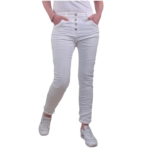 Karostar Damen Stretch Jeans| Boyfriend Hose mit dekorativen Schmuckknöpfen| Mid Rise 5 Pocket Denim Hose (DE/NL/SE/PL, Alphanumerisch, M, Regular, Regular, Weiß) von Karostar
