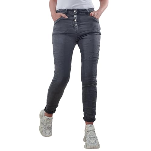 Karostar Damen Stretch Jeans| Boyfriend Hose mit dekorativen Schmuckknöpfen| Mid Rise 5 Pocket Denim Hose (DE/NL/SE/PL, Alphanumerisch, XL, Regular, Regular, Grau) von Karostar