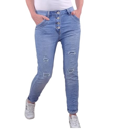 Karostar Damen Stretch Jeans| Boyfriend Hose mit dekorativer Knopfleiste| Destroyed Denim Pants (L, Denim Destroyed) von Karostar