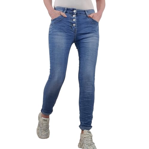 Karostar Damen Stretch Jeans| Sweat Denim Boyfriend Hose| Jogger Jeans mit sichtbarer Knopfleiste (DE/NL/SE/PL, Alphanumerisch, S, Regular, Regular, Sweat Denim) von Karostar