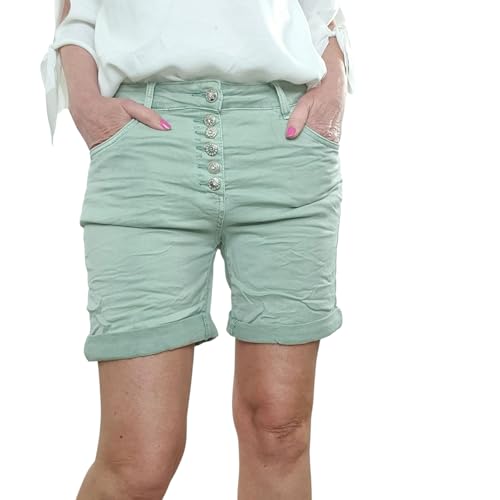 Karostar Kurze Stretch-Shorts mit Umschlag, Crash Look, 5-Pocket-Schnitt, Glitzer Strass Knöpfe, Mid-Rise (DE/NL/SE/PL, Alphanumerisch, XL, Regular, Regular, Khaki) von Karostar