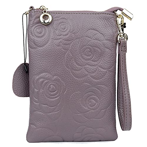 Elegante Damen Mini Handy Umhängetasche, Designer Blumen Geprägte Handgelenk Clutch aus Weiche Genarbtes Rindsleder, Leicht praktische Handtasche mit abnehmbarem Handschlaufe und Schulterriemen von Karoukee