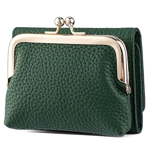 Karoukee Echtes Leder Kleine Trifold Geldbörse für Damen, RFID-blockierende Kreditkartenhalter, Kompakte Kiss-Lock Portemonnaie mit 8 Kartenfächern(Grün) von Karoukee