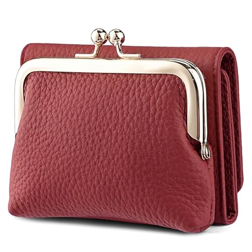 Karoukee Echtes Leder Kleine Trifold Geldbörse für Damen, RFID-blockierende Kreditkartenhalter, Kompakte Kiss-Lock Portemonnaie mit 8 Kartenfächern(Rot) von Karoukee