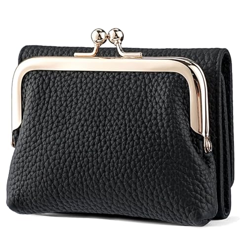 Karoukee Echtes Leder Kleine Trifold Geldbörse für Damen, RFID-blockierende Kreditkartenhalter, Kompakte Kiss-Lock Portemonnaie mit 8 Kartenfächern(Schwarz) von Karoukee