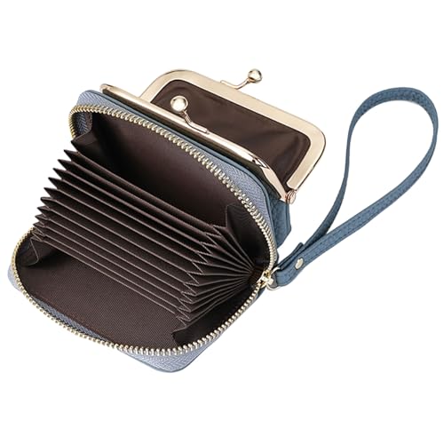 Karoukee Kleine Echtleder Geldbörse für Damen, 2-in-1 RFID-blockender Kartenhalter & Münzbeutel mit Kiss-Lock-Verschluss, Kompakt Portemonnaie mit Abnehmbare Handschlaufe(Blau) von Karoukee